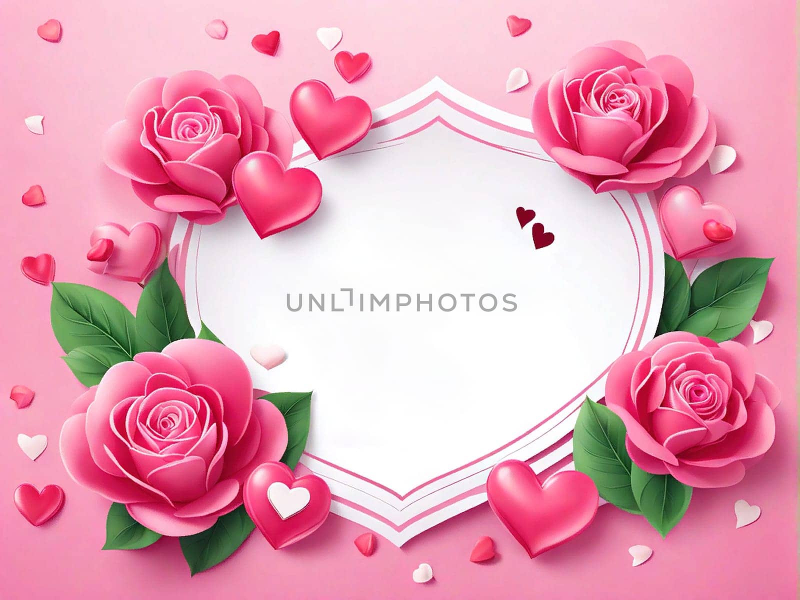 Love Valentine background frame with red hearts and flowers on pink background. by EkaterinaPereslavtseva