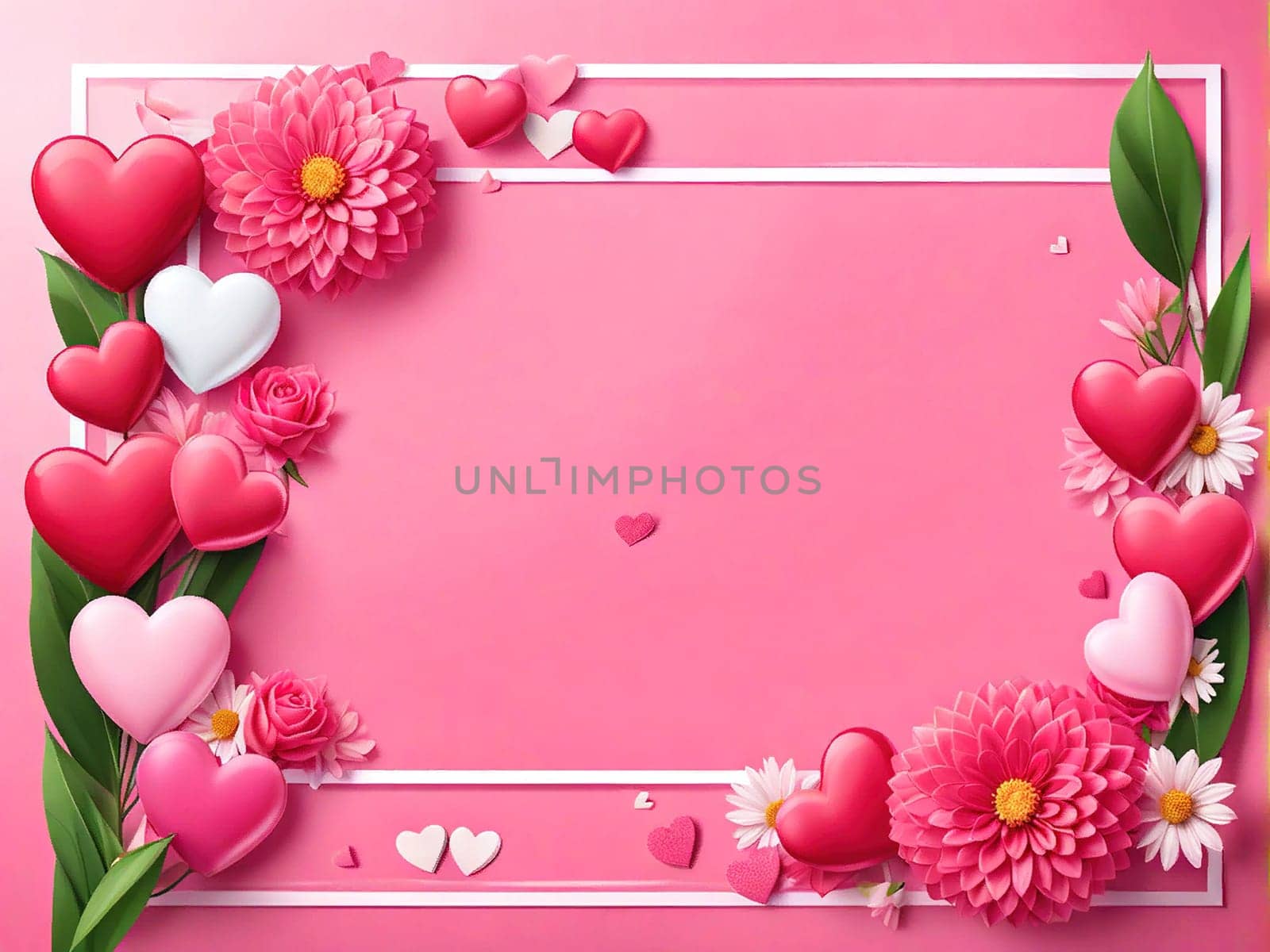 Love Valentine background frame with red hearts and flowers on pink background. Banner universal postcard, February 14 and mother's day