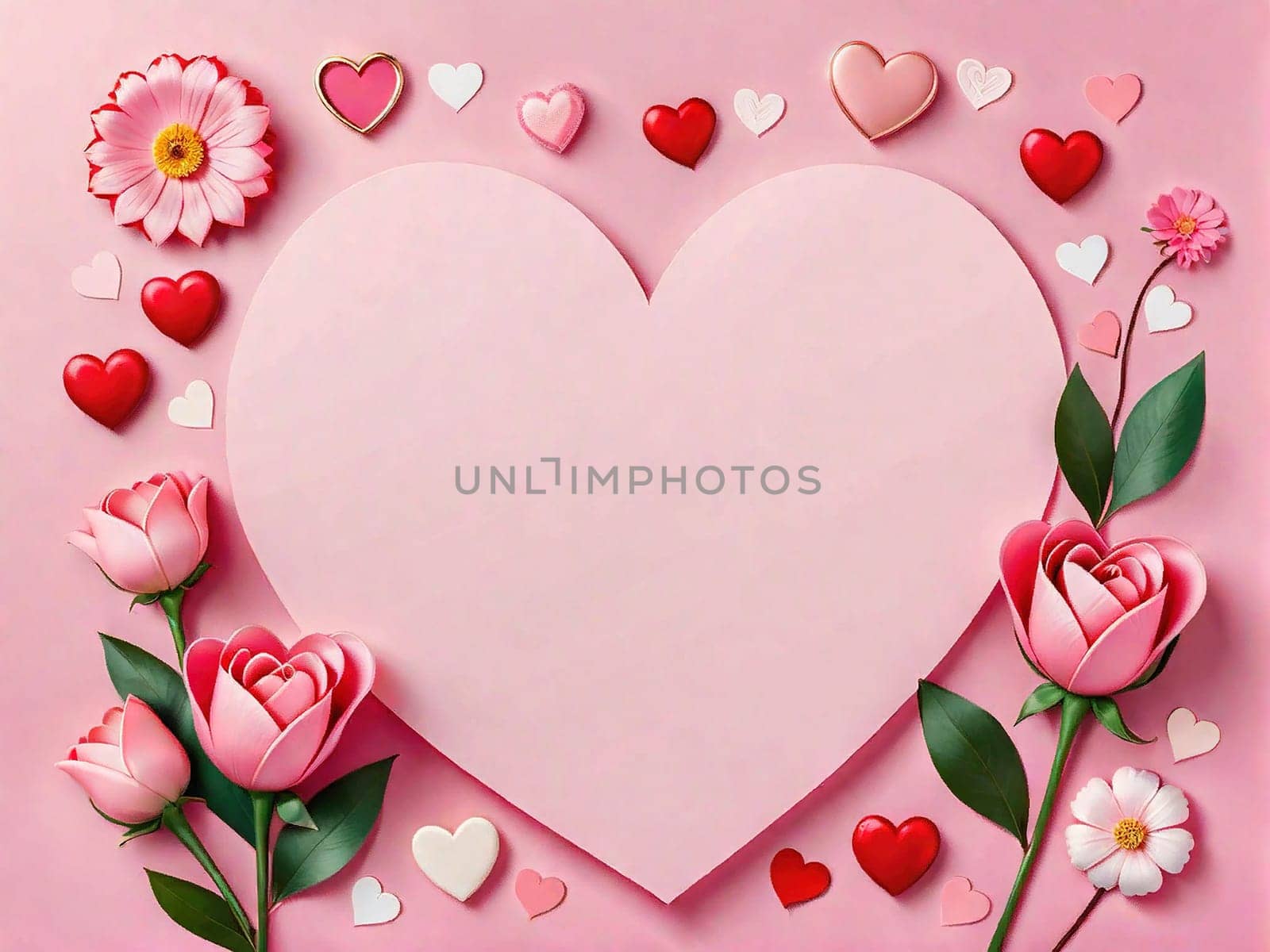 Horizontal banner pink. Place for text. Happy Valentine's Day sale or voucher template with hearts and flowers. Pink frame in pastel colors.