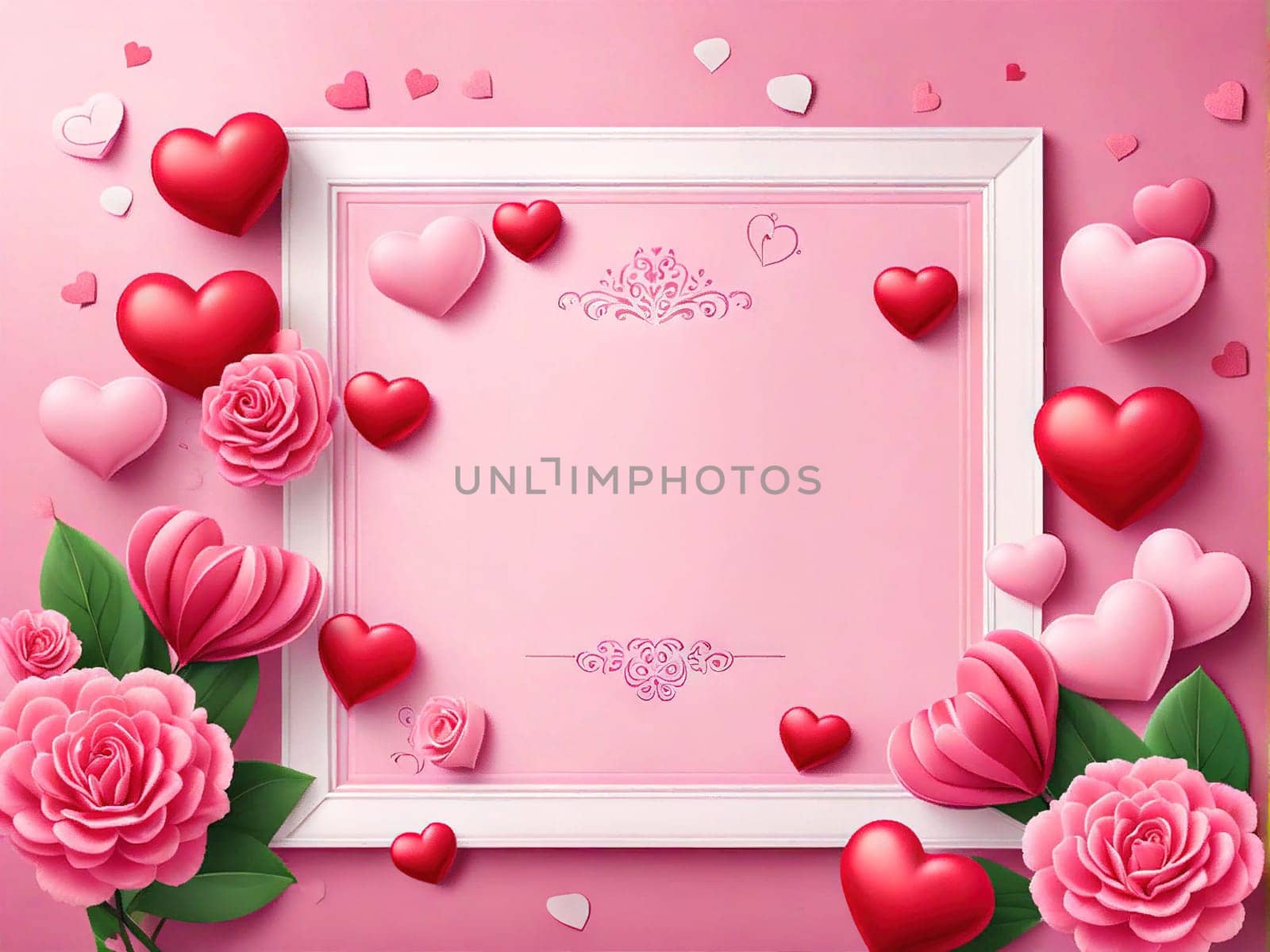 Love Valentine background frame with red hearts and flowers on pink background. by EkaterinaPereslavtseva