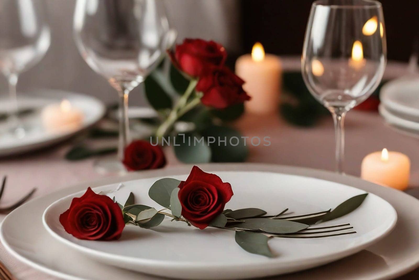 Beautiful wedding table serving with sparkling wine glasses, on background. by EkaterinaPereslavtseva