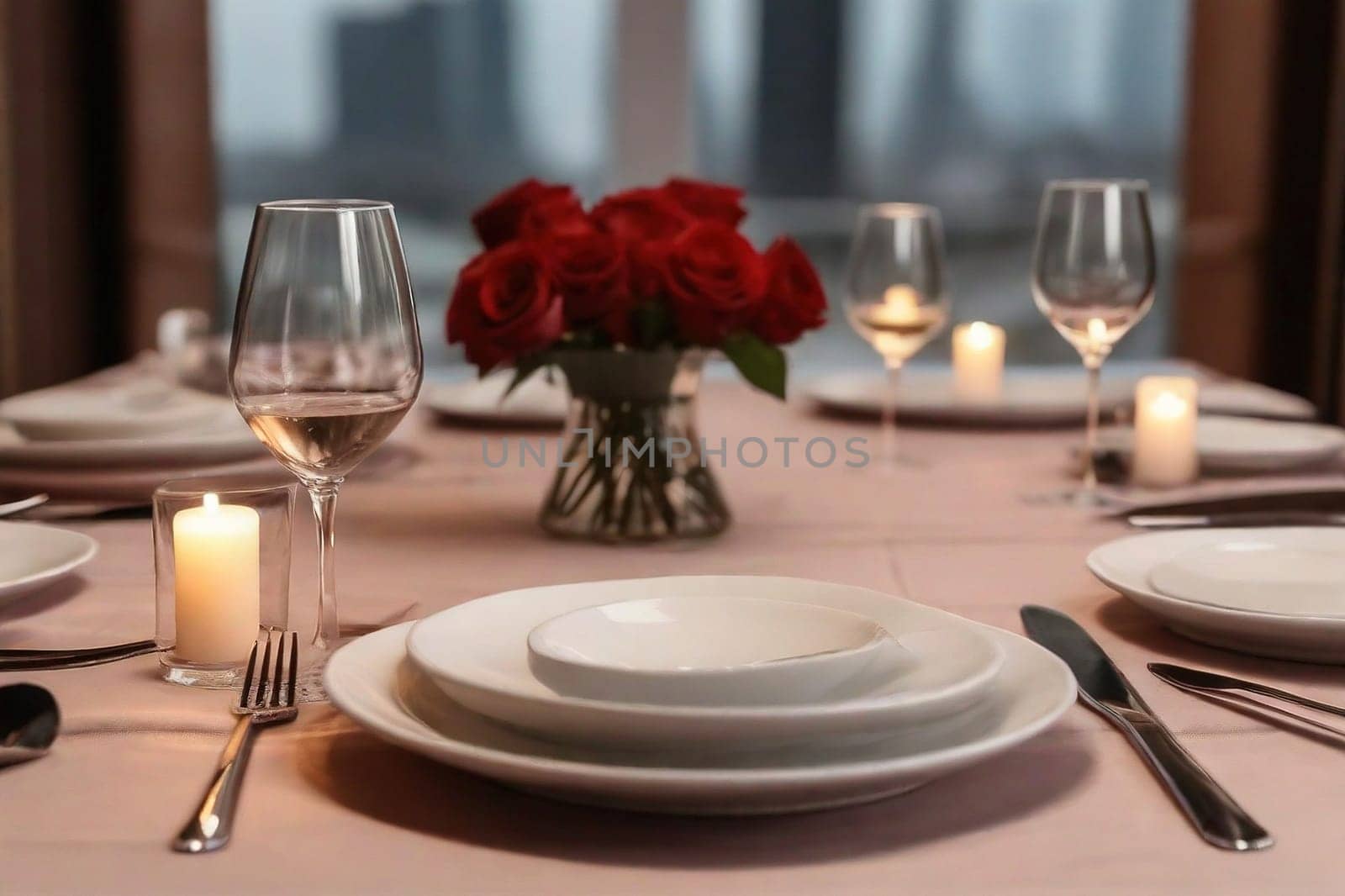 Beautiful wedding table serving with sparkling wine glasses, on background. Restaurant bar romantic evening dinner food estate. Universal suitable for any occasion