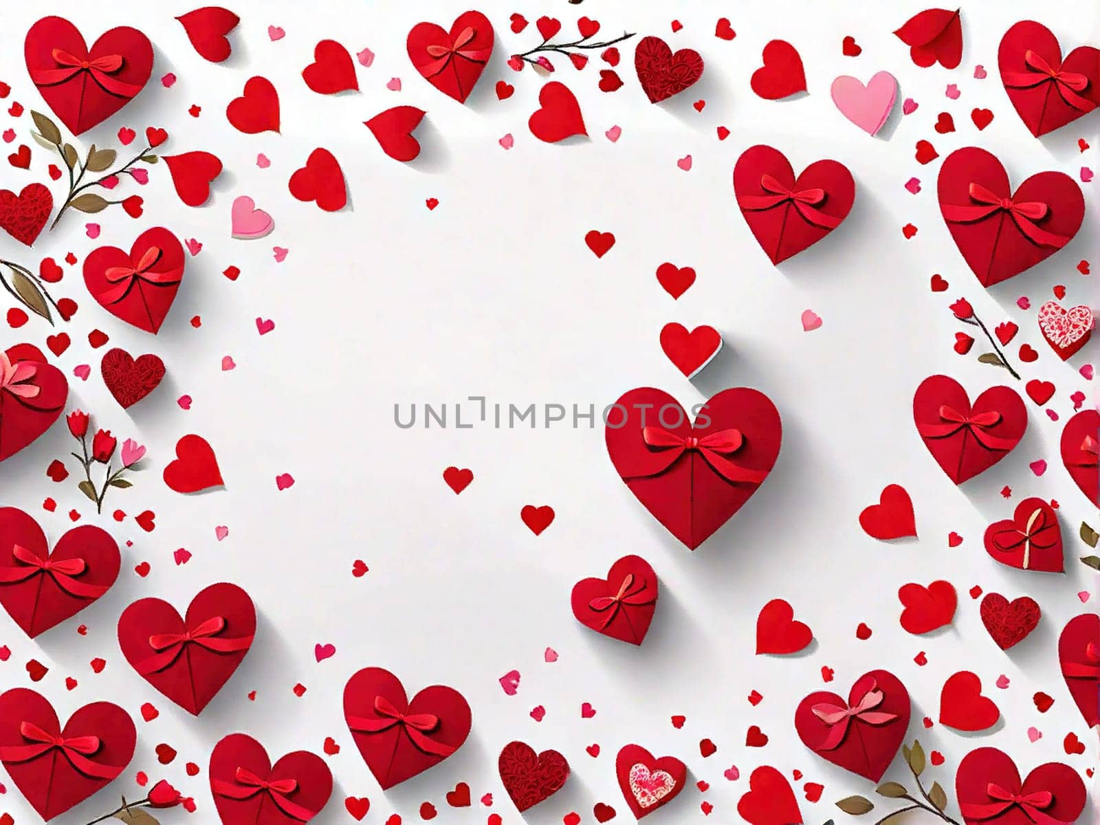 Romantic card for valentine's day and mother's day, festive mood red hearts and flowers on a white background