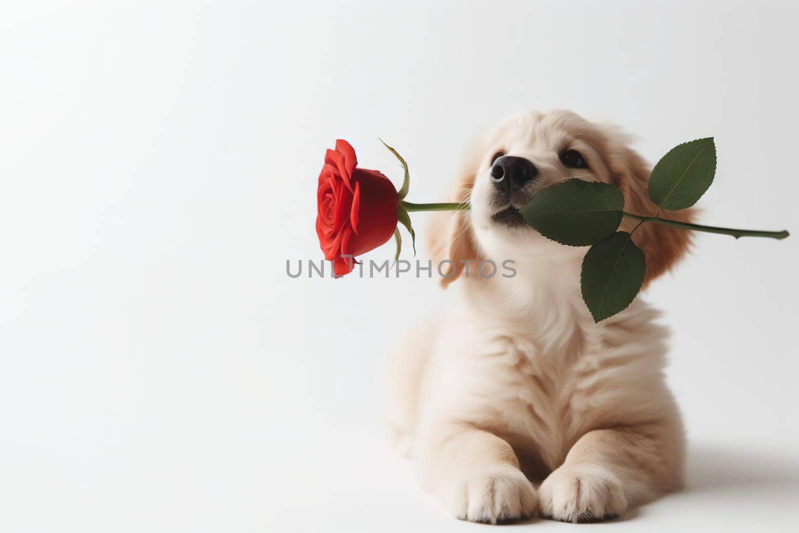 Valentine's Day concept. Funny portrait cute dog puppy with red rose flower in his mouth, isolated on a white background. Lovely dog in love gives a gift on Valentine's Day