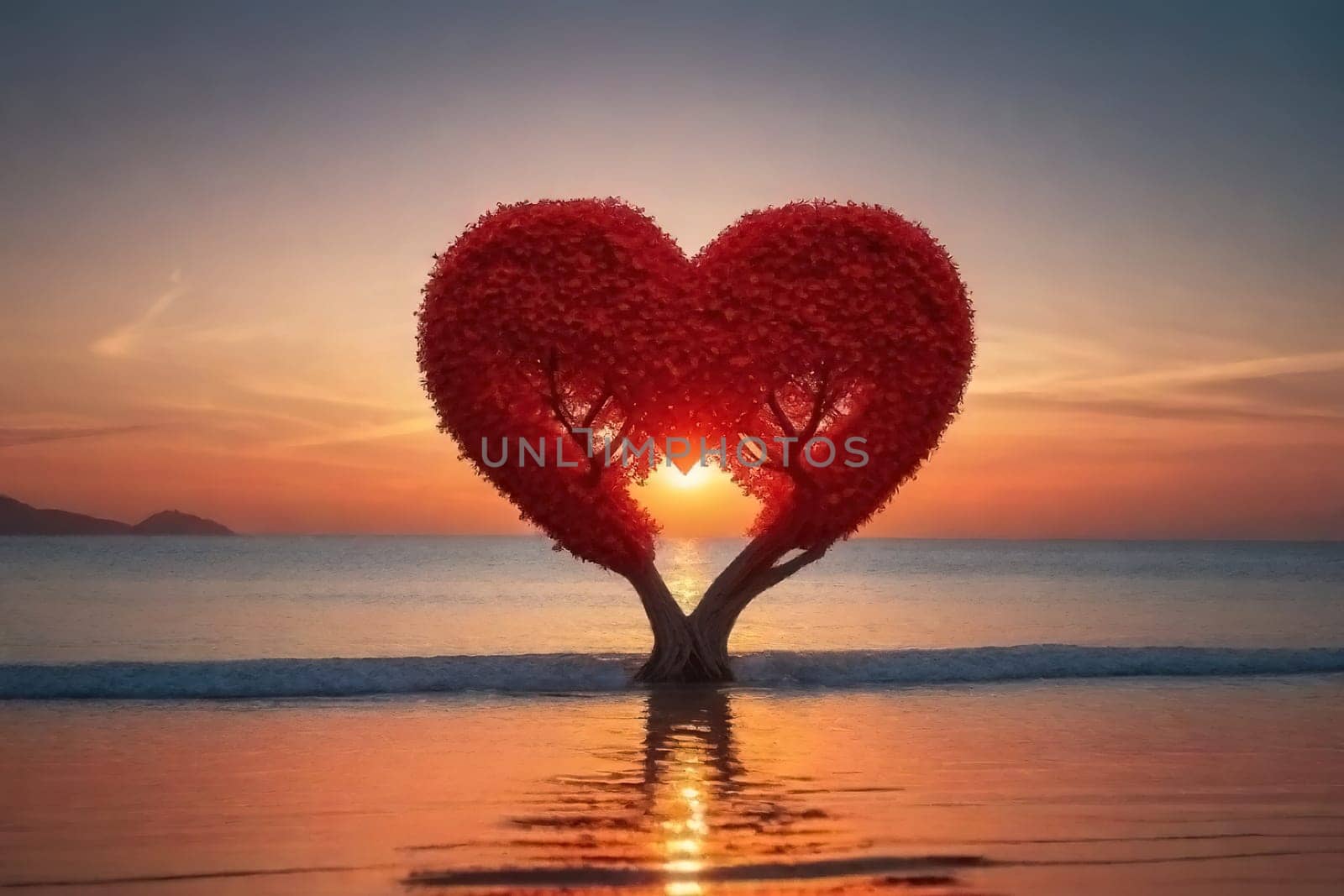 Love tree. Landscape with trees in shape red heart at sunset. Valentine's Day background.