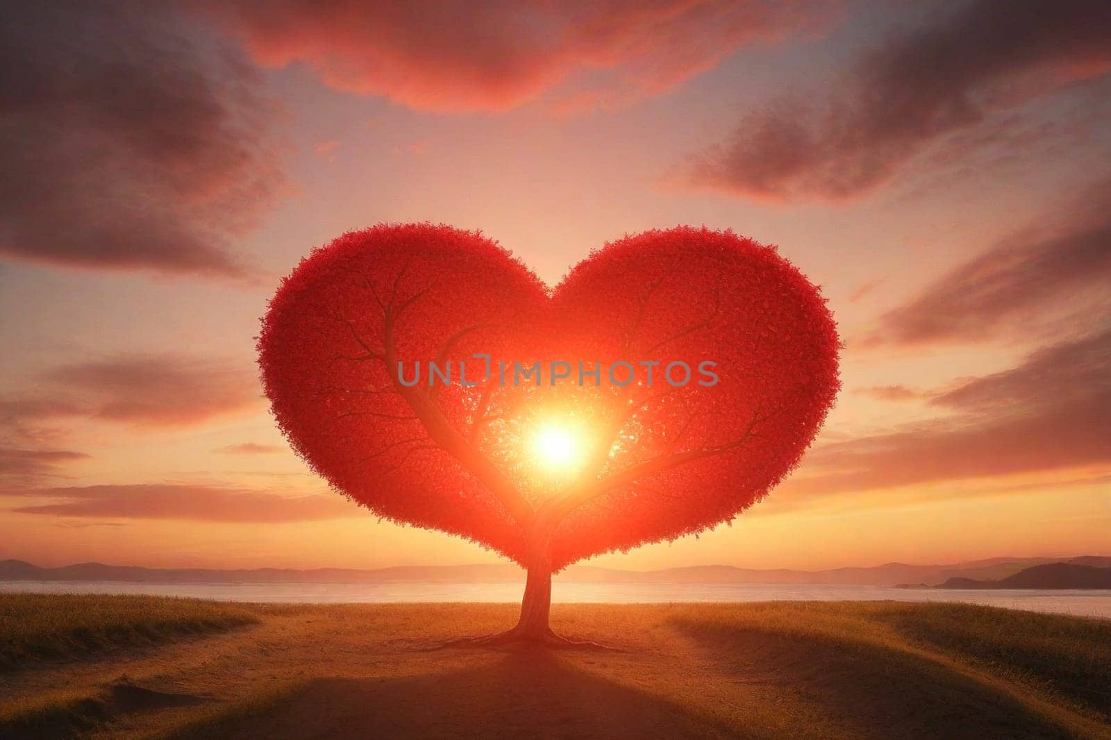 Love tree. Landscape with trees in shape red heart at sunset. Valentine's Day background.