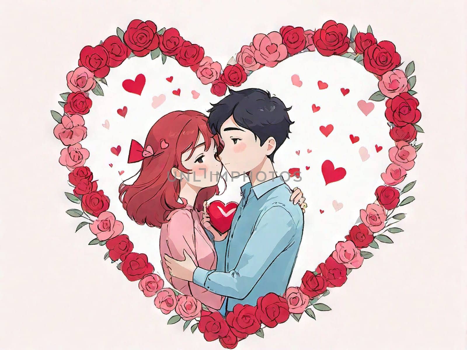 Valentine's Day, couple in love, lettering. A guy and a girl on a romantic date. Heart and flowers