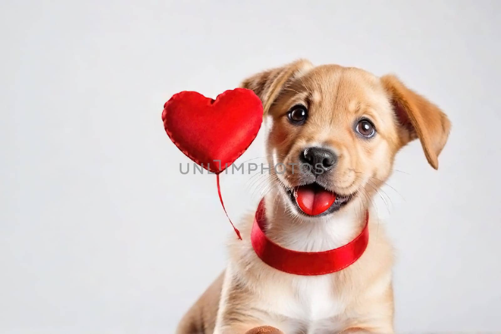 Cute portrait dog sitting and looking at camera with red heart in its mouth, isolated on a white background, concept for holidays and congratulations