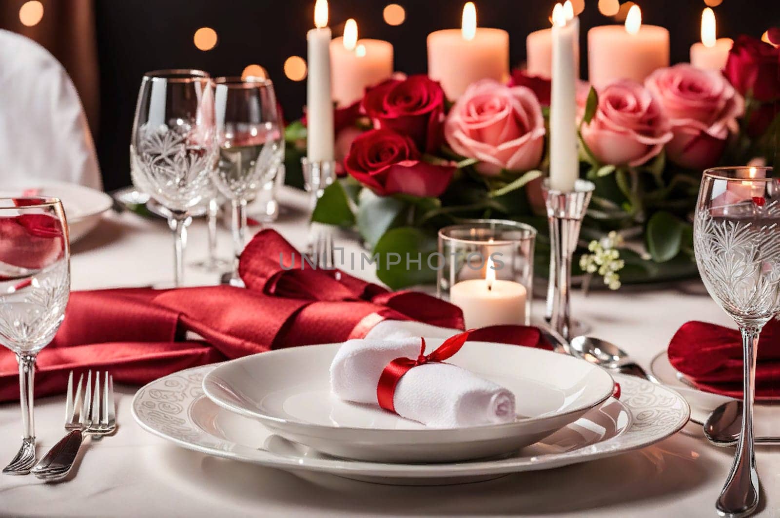 Beautiful wedding table serving with sparkling wine glasses, on background. by EkaterinaPereslavtseva