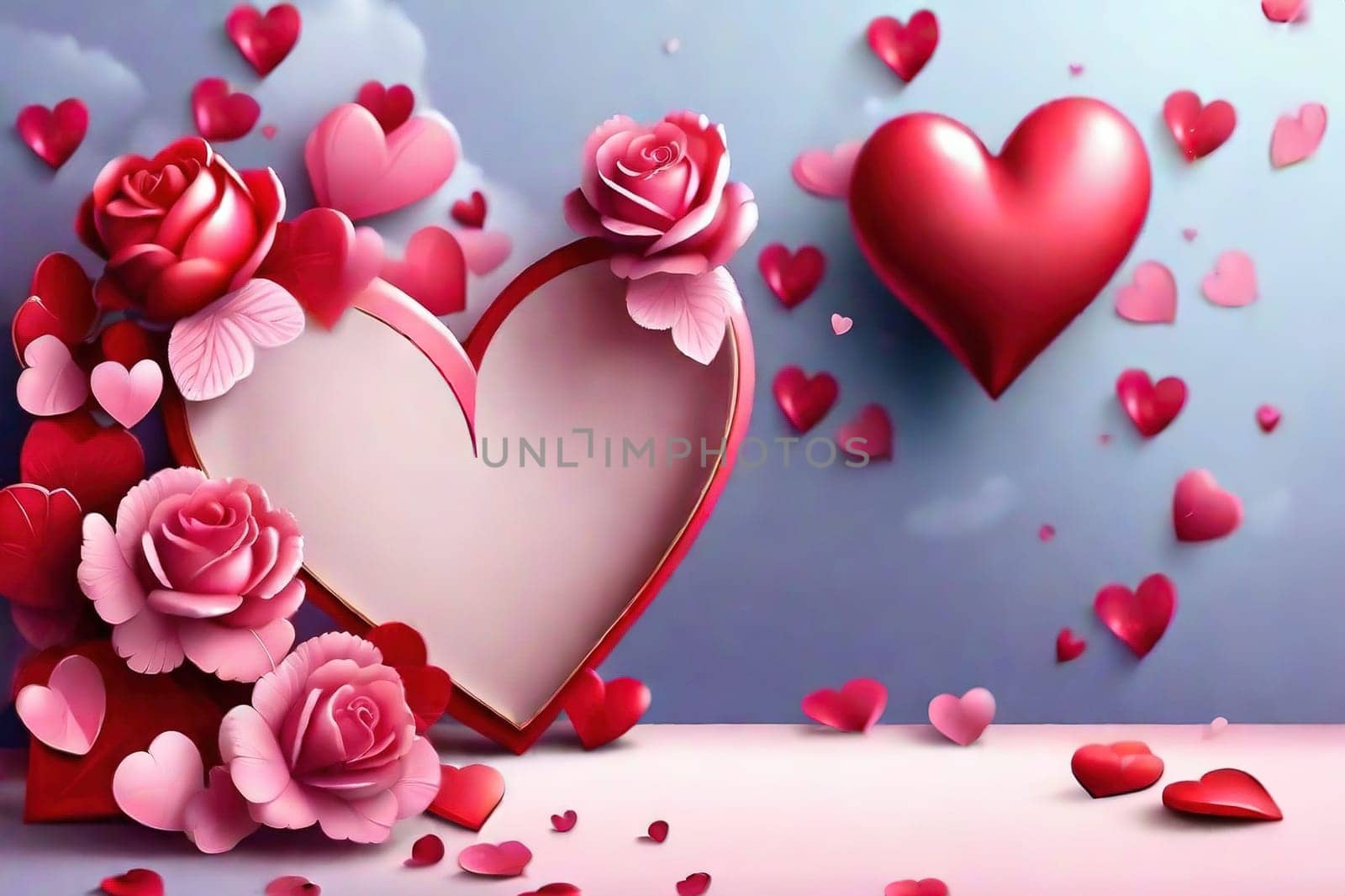 Love Valentine background frame with red hearts and flowers on pink background. Banner universal postcard, February 14 and mother's day