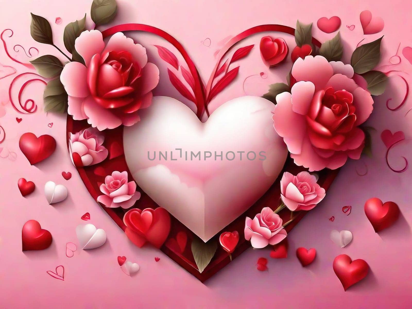 Valentine's Day hearts, painting pink hearts and flowers on a colored background, greeting card