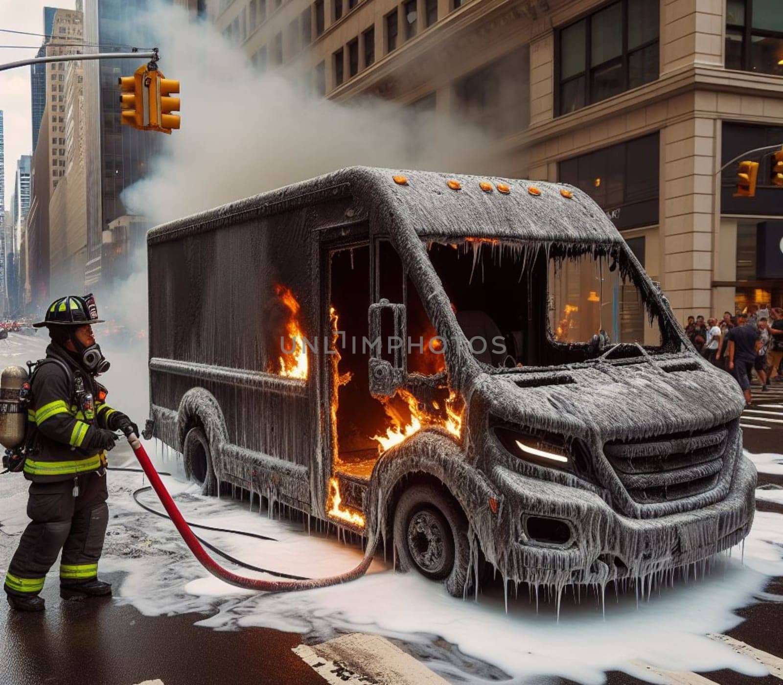 electric hybrid cargo courier truck van burn bottom chasis, firefighter apply foam to extinguish flames big smoke ai generated