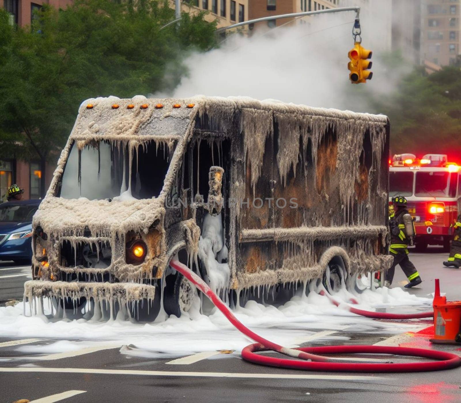 electric hybrid cargo courier truck van burn bottom chasis, firefighter apply foam to extinguish flames big smoke ai generated