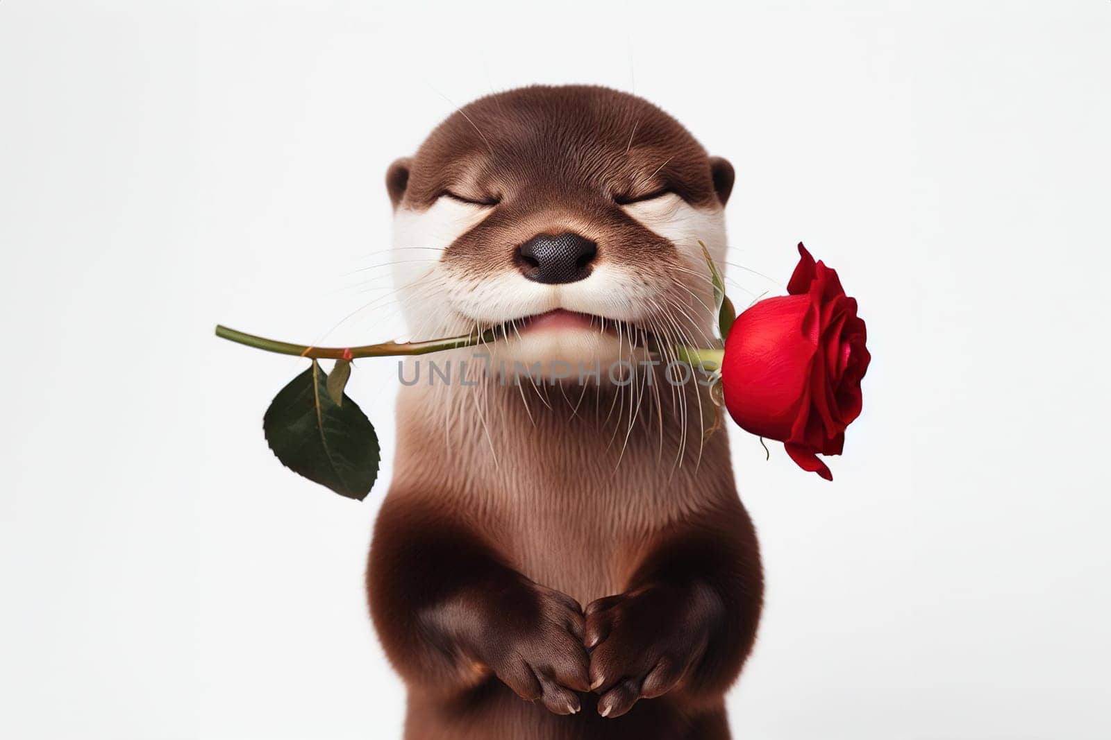 Cute otter sitting with his eyes closed with red rose in his mouth, isolated on a white background