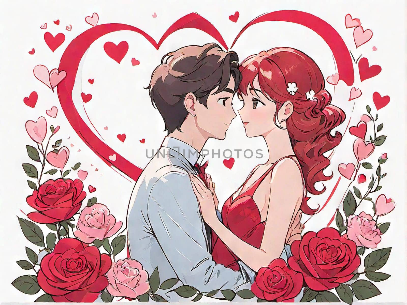 Valentine's Day, couple in love, lettering. A guy and a girl on a romantic date. Heart and flowers