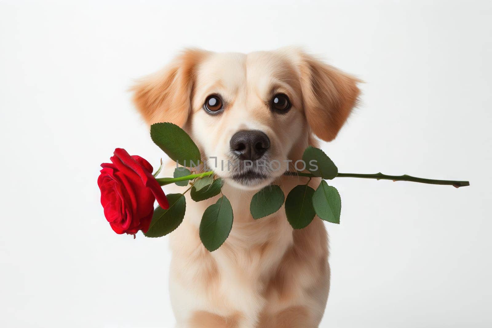 Valentine's Day concept. Funny portrait cute dog puppy with red rose flower by EkaterinaPereslavtseva