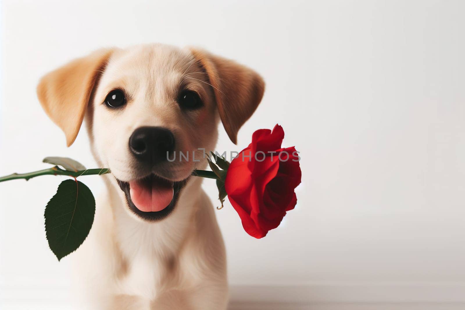 Valentine's Day concept. Funny portrait cute dog puppy with red rose flower in his mouth, isolated on a white background. Lovely dog in love gives a gift on Valentine's Day