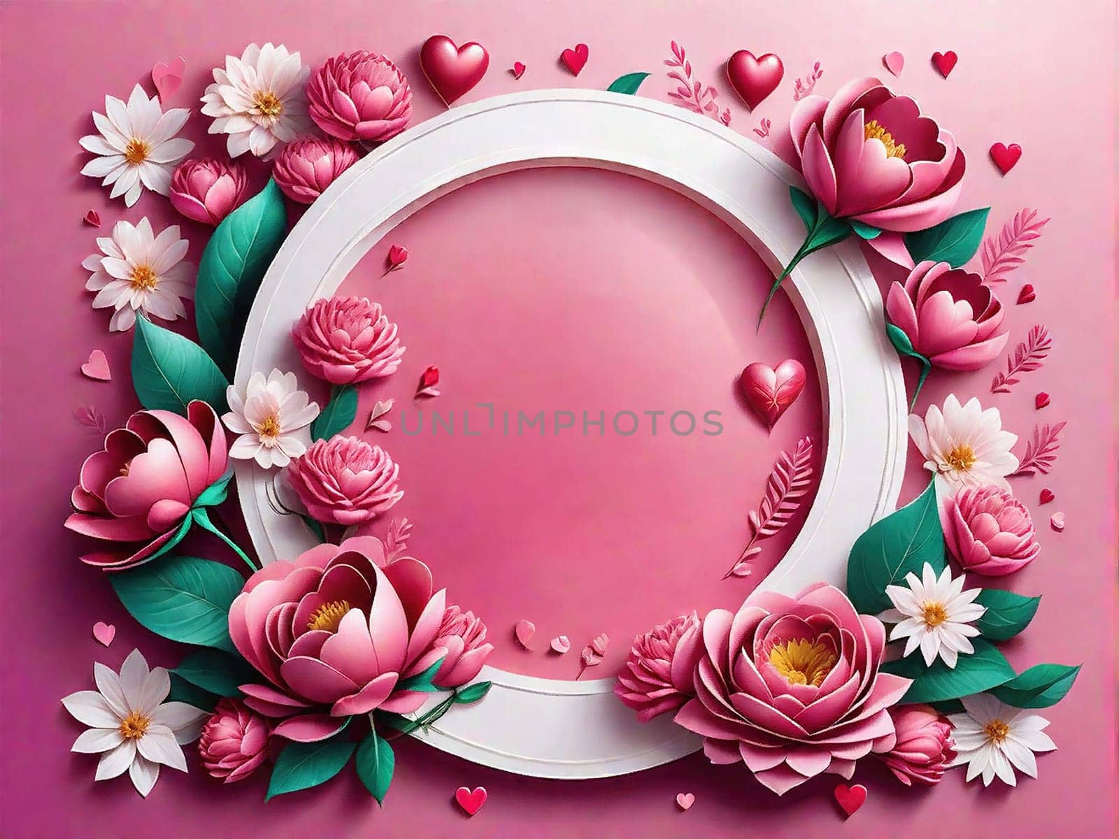 Horizontal banner pink. Place for text. Happy Valentine's Day sale or voucher template with hearts and flowers. Pink frame in pastel colors.