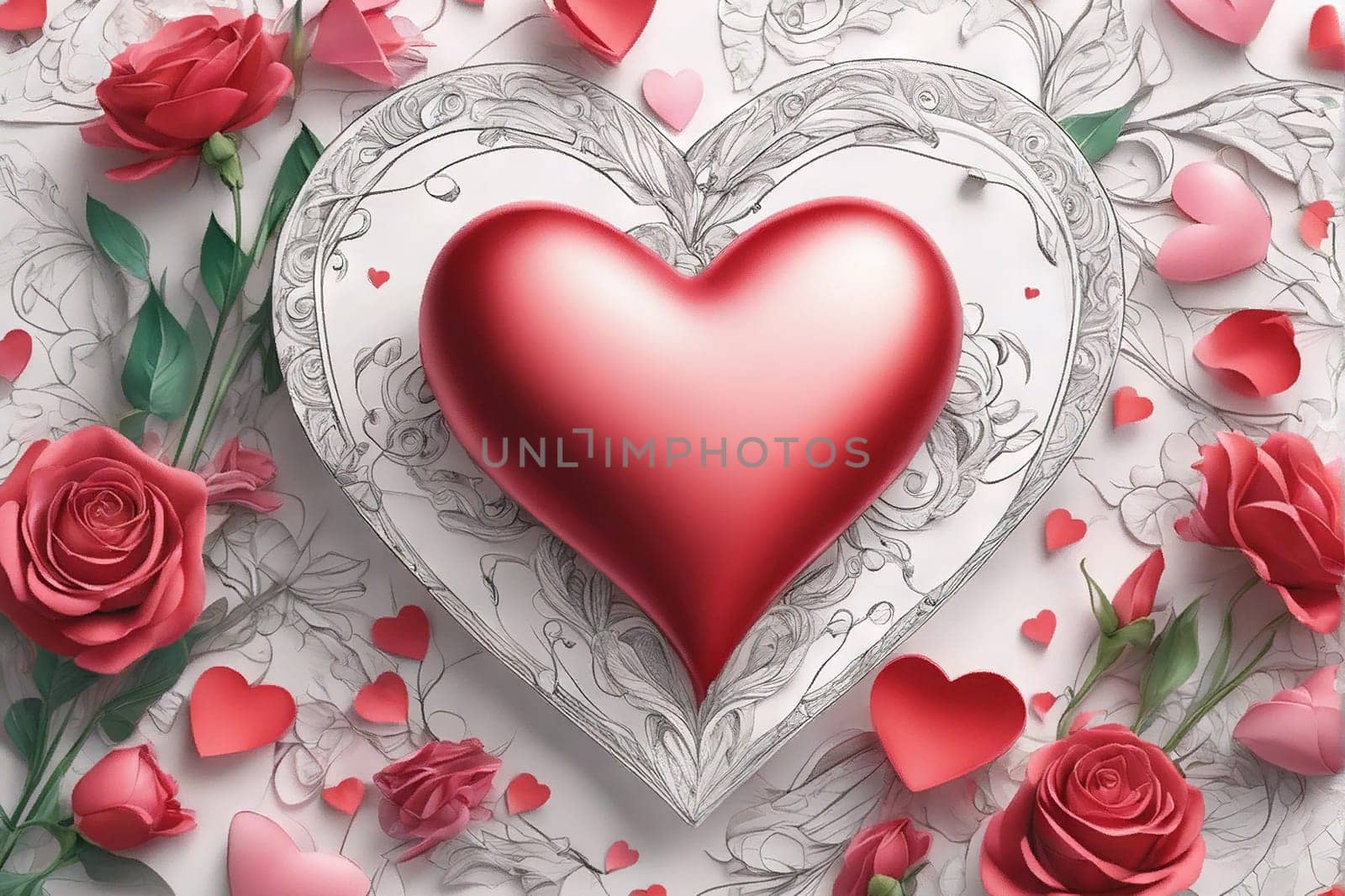 Valentine's Day hearts, painting pink hearts and flowers on a colored background, greeting card