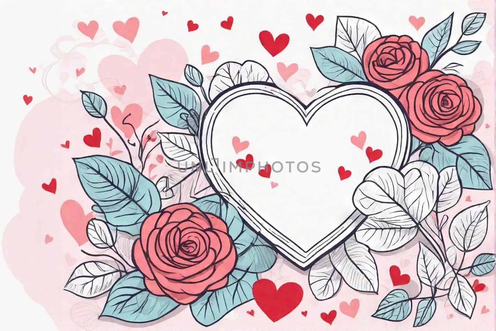 Holiday card. Frame flowers and hearts with space for text or images. Universal greeting for Valentine's Day, Mother's Day and other holidays