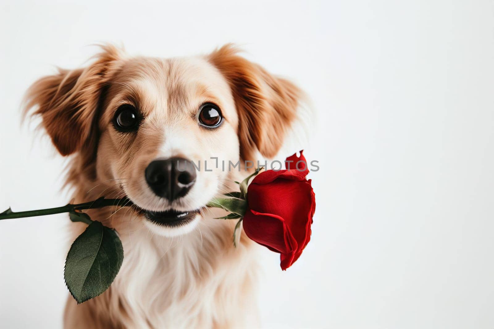 Cute portrait dog sitting and looking at camera with red rose in its mouth, isolated on a white background, concept for holidays and greetings