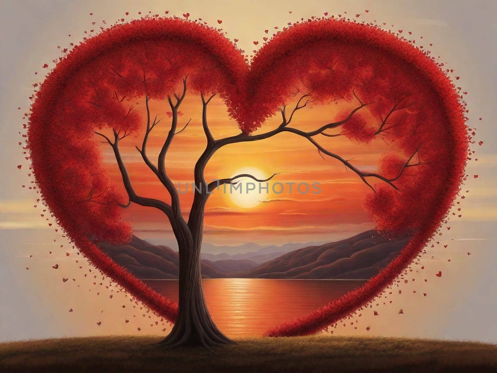 Love tree. Landscape with trees in shape red heart at sunset. Valentine's Day background.