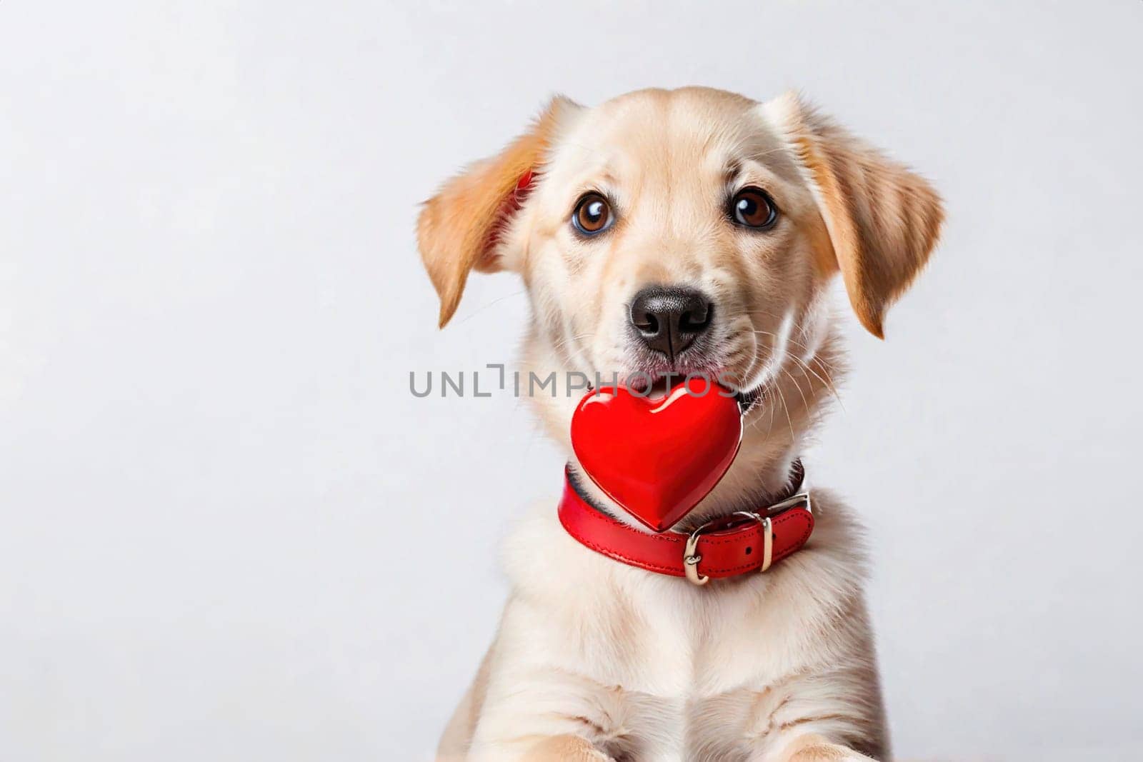 Cute portrait dog sitting and looking at camera with red heart in its mouth, isolated on a white background, concept for holidays and congratulations