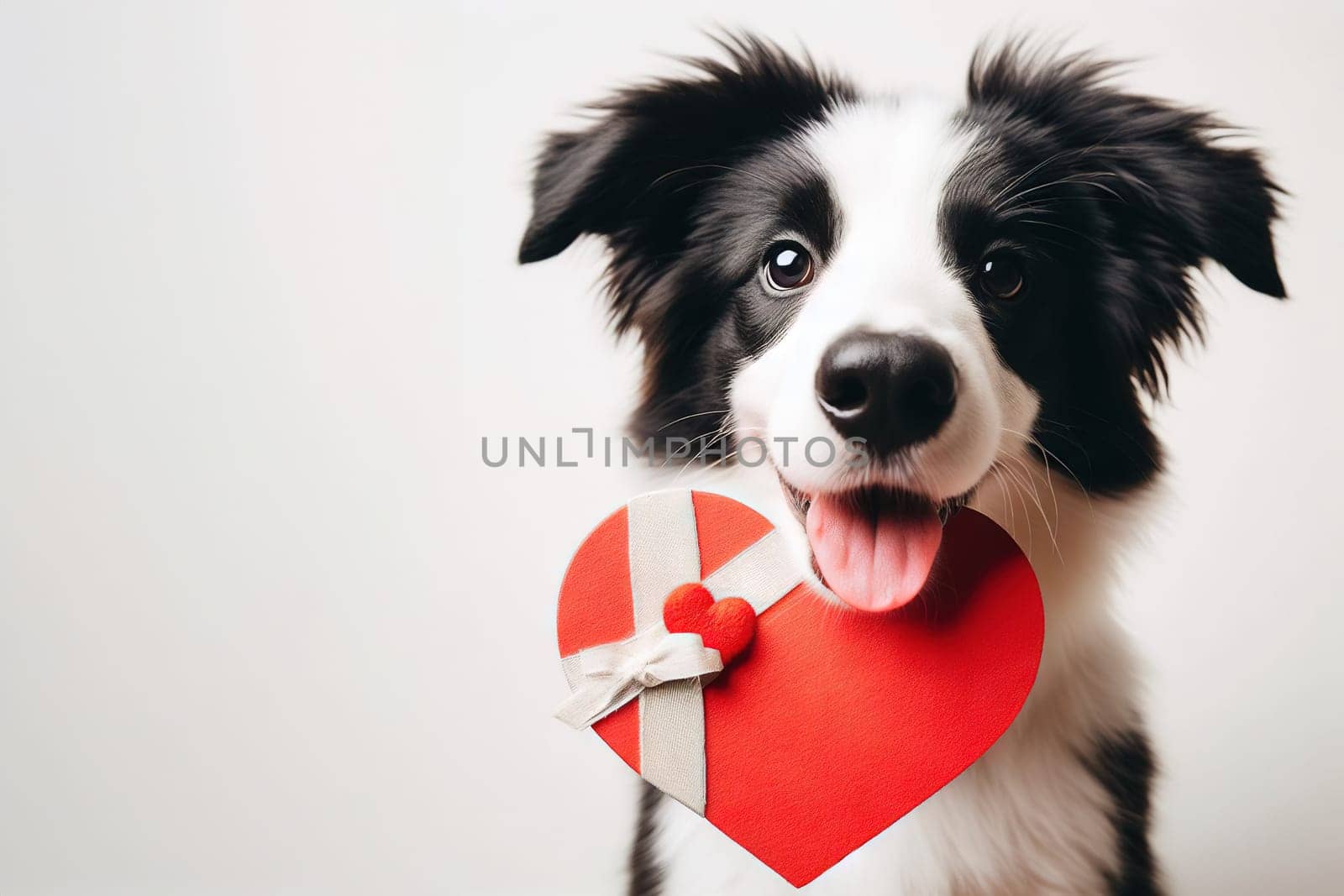 Cute portrait dog sitting and looking at camera with red heart in its mouth by EkaterinaPereslavtseva