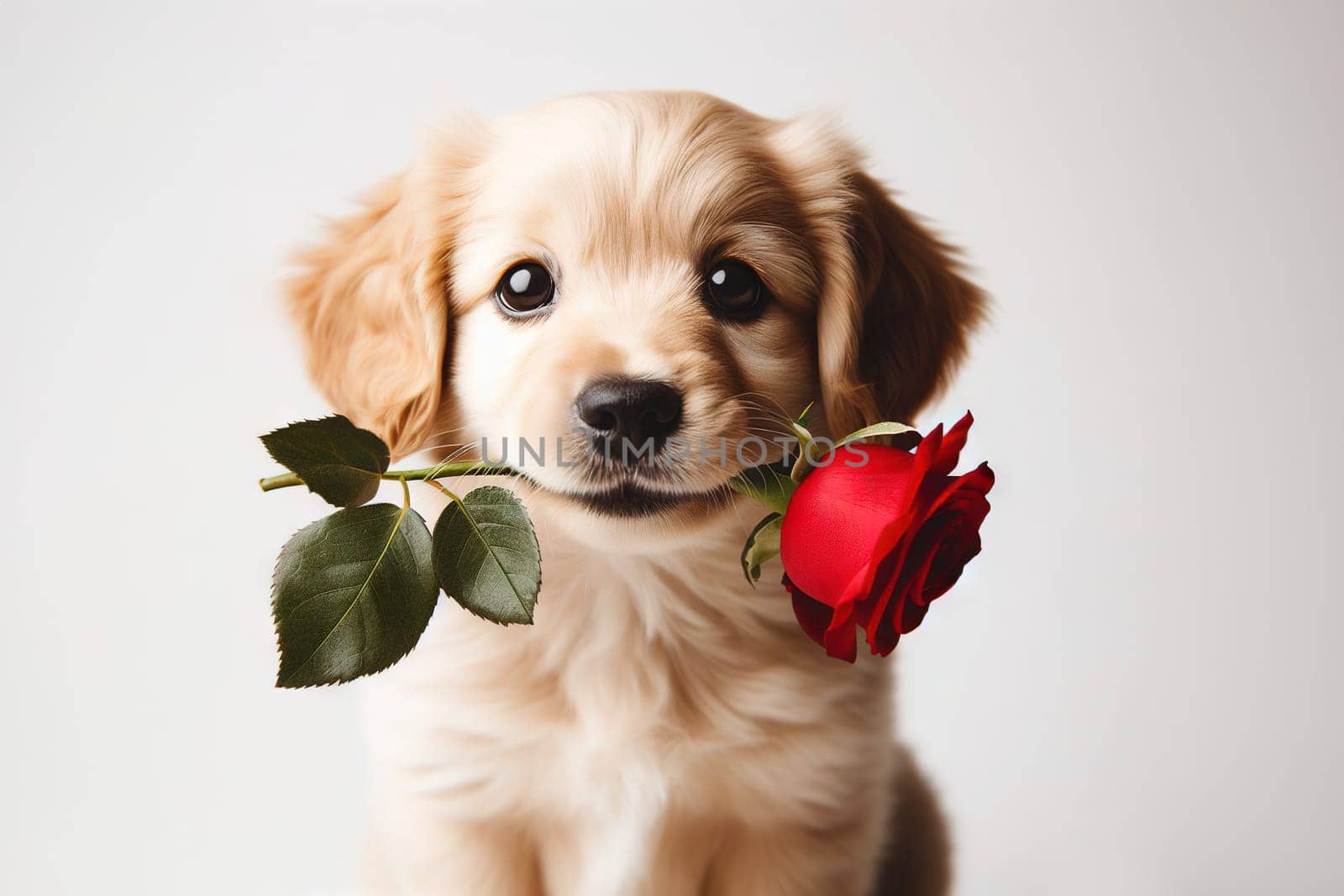 Valentine's Day concept. Funny portrait cute dog puppy with red rose flower in his mouth, isolated on a white background. Lovely dog in love gives a gift on Valentine's Day