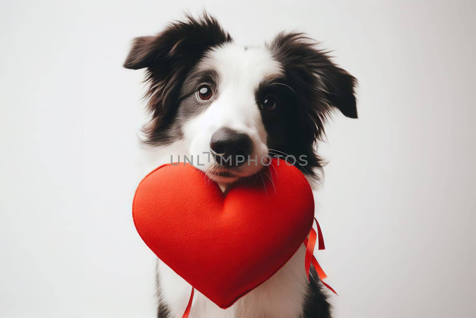 Cute portrait dog sitting and looking at camera with red heart in its mouth, isolated on a white background, concept for holidays and congratulations