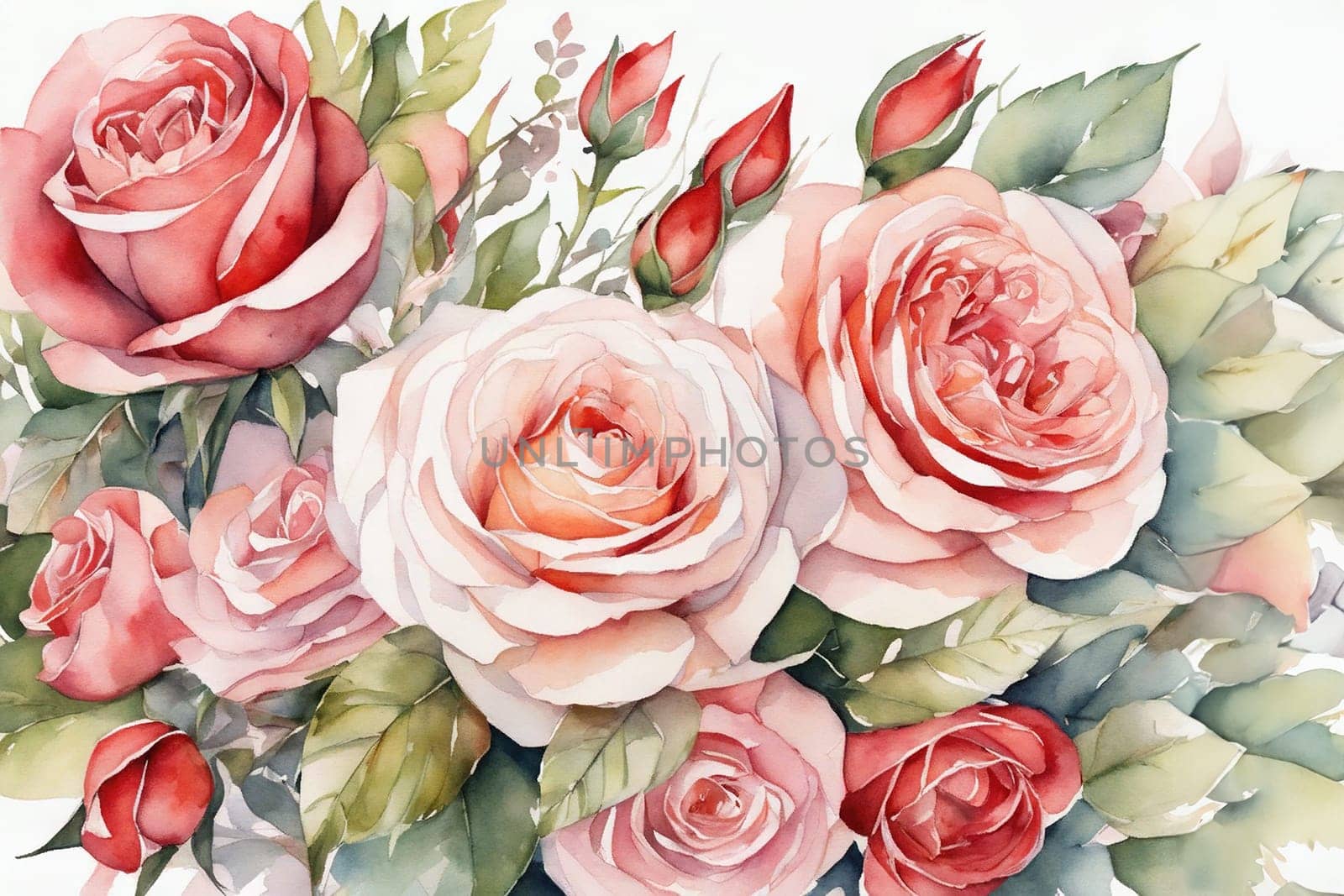 Watercolor flowers for a universal greeting card, Valentine's Day, Mother's Day, Women's Day and others