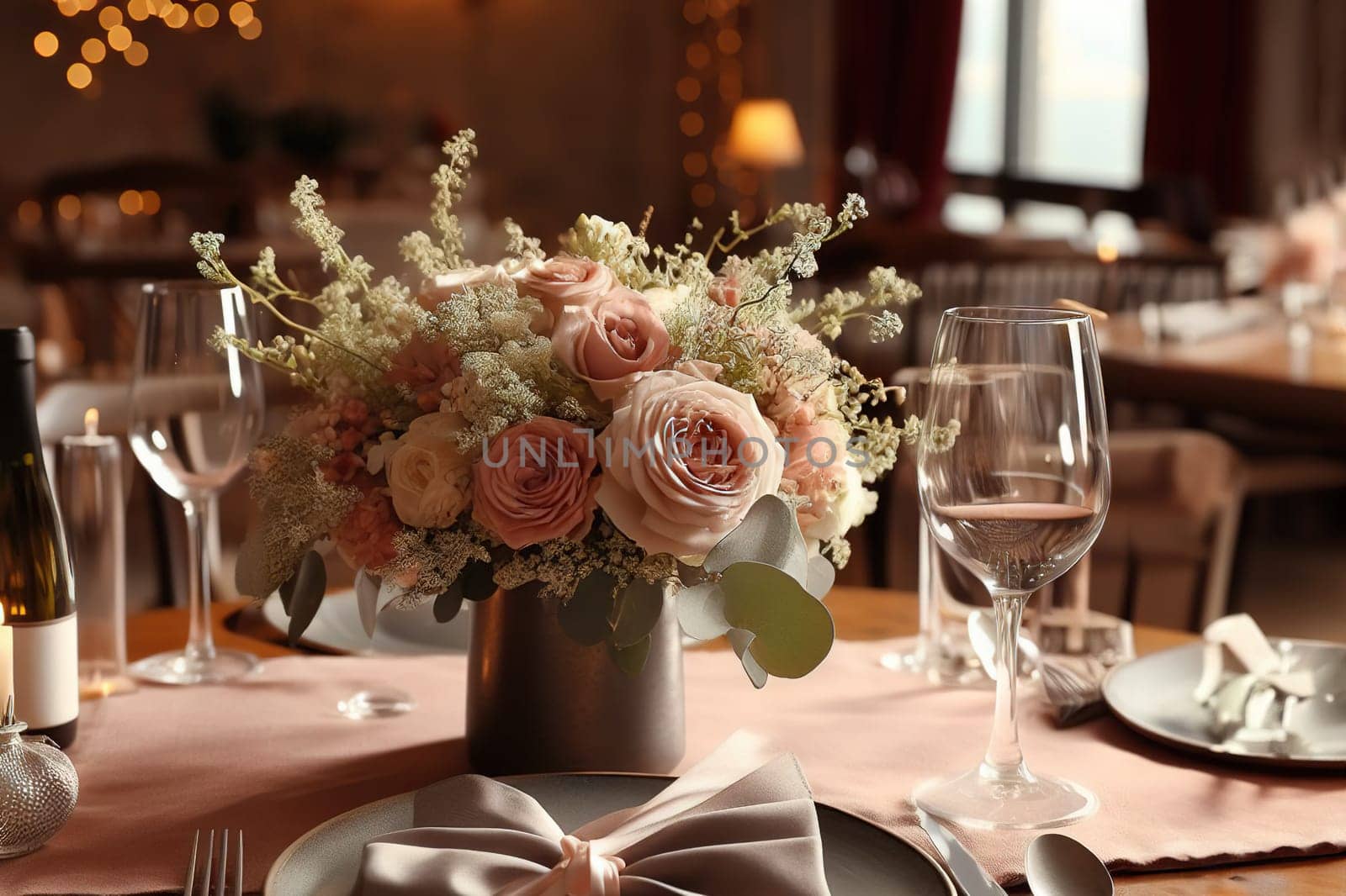 Beautiful wedding table serving with sparkling wine glasses, on background. Restaurant bar romantic evening dinner food estate. Universal suitable for any occasion