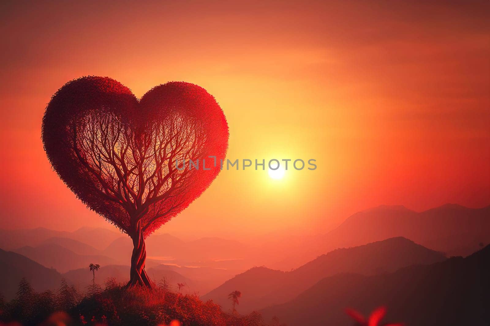 Love tree. Landscape with trees in shape red heart at sunset. Valentine's Day background.