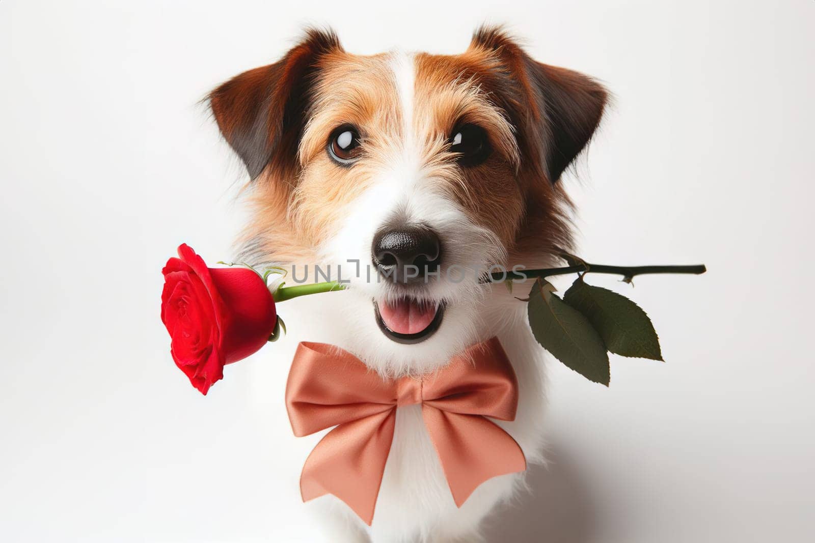 Cute portrait dog sitting and looking at camera with red rose in its mouth by EkaterinaPereslavtseva