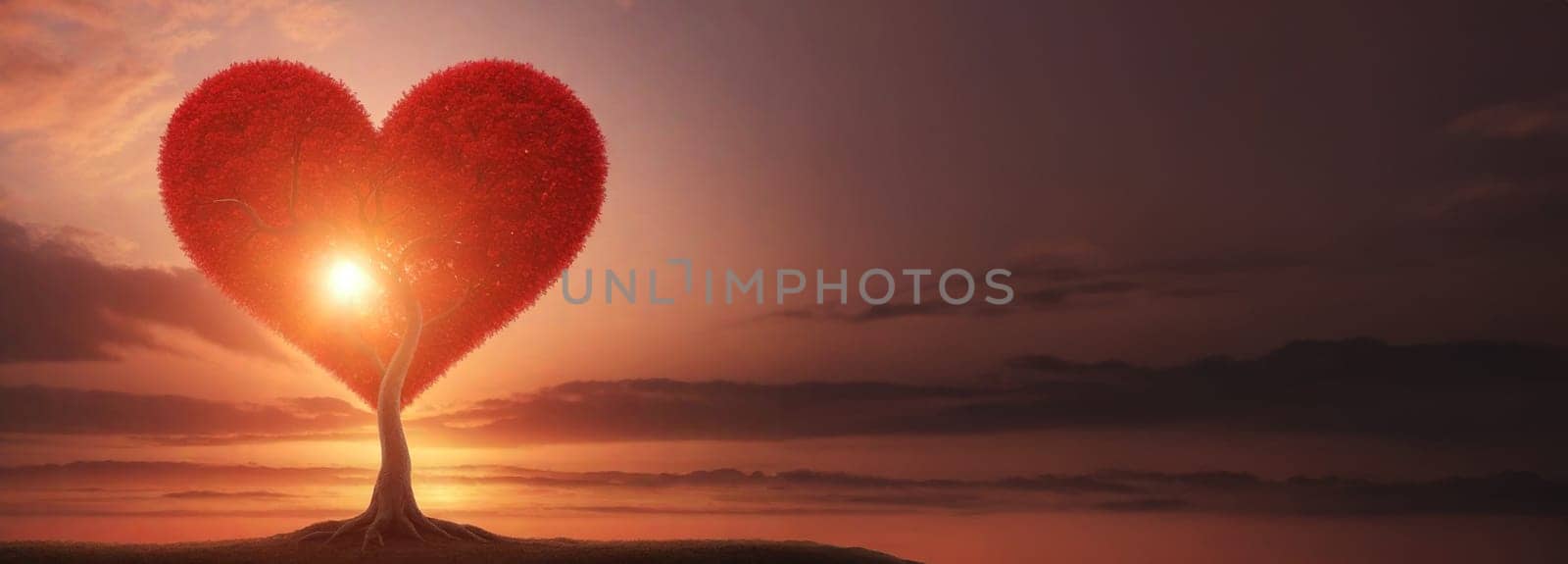 Love tree. Landscape with trees in shape red heart at sunset. Valentine's Day background.