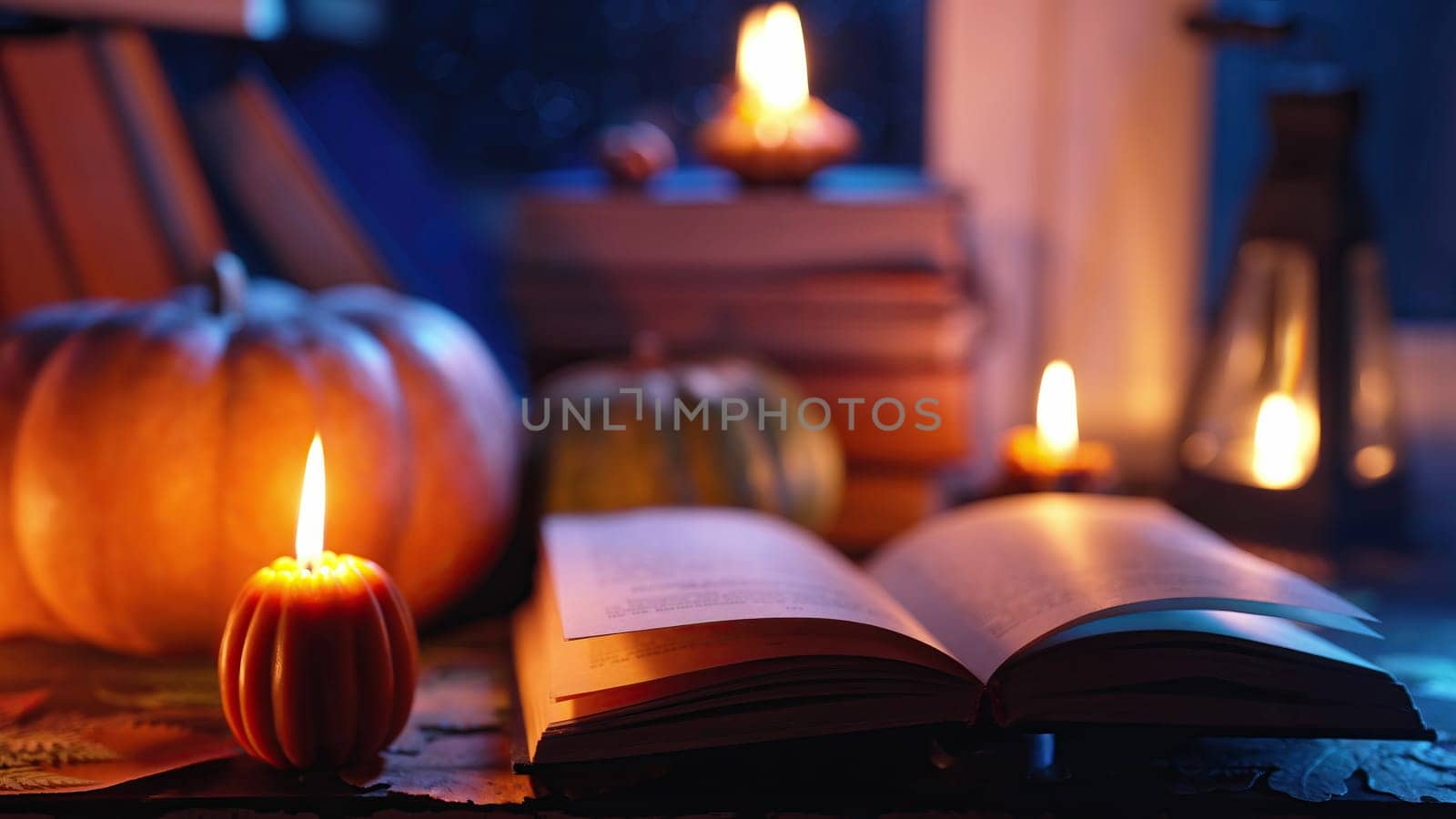 Old paper book, wooden windowsill, bathed in moon soft glow light. Cute candles by kristina_kokhanova