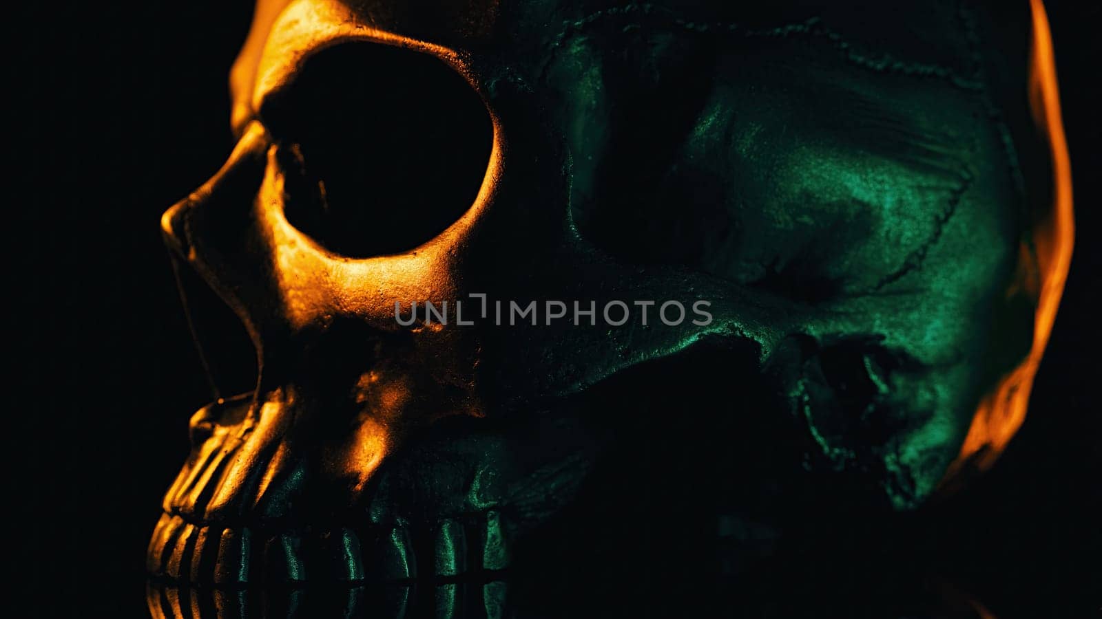 Human skull rotates on black background with neon colorful light. Halloween celebration, mystique, glamour, style concept. Power of symbolism - mortality, rebellion. Visual dramatic metaphor.