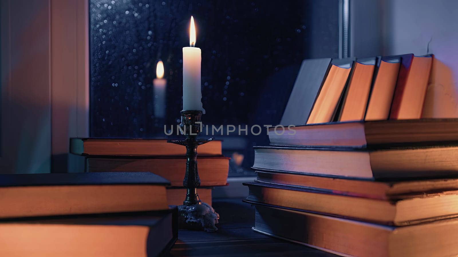 Vintage background. Stack of paper books near rainy window. Bronze candlestick. by kristina_kokhanova