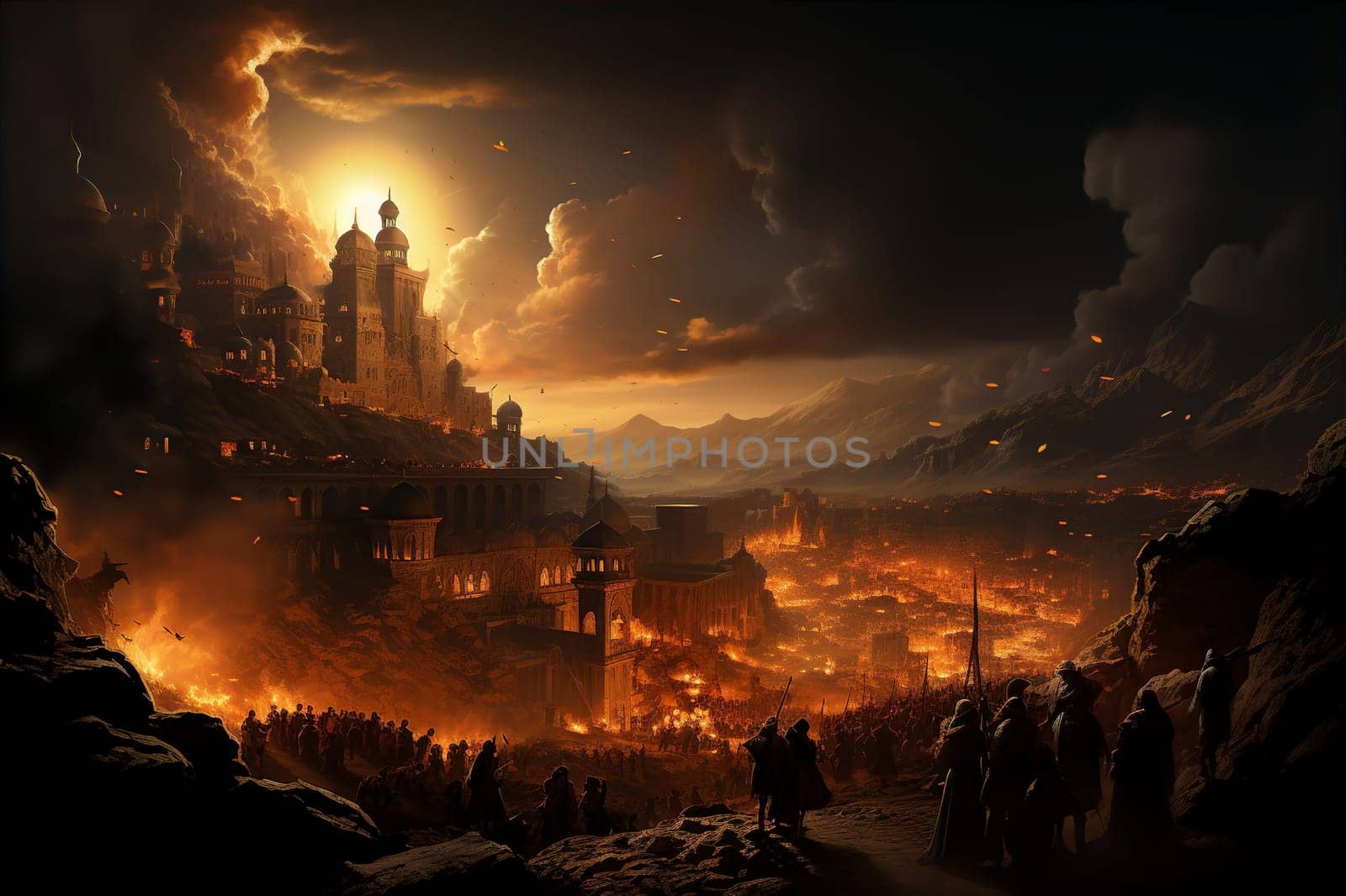 Arab troops of palestine and egypt going to war amid fire in dark. War between Palestine and Israel concept. AI generated