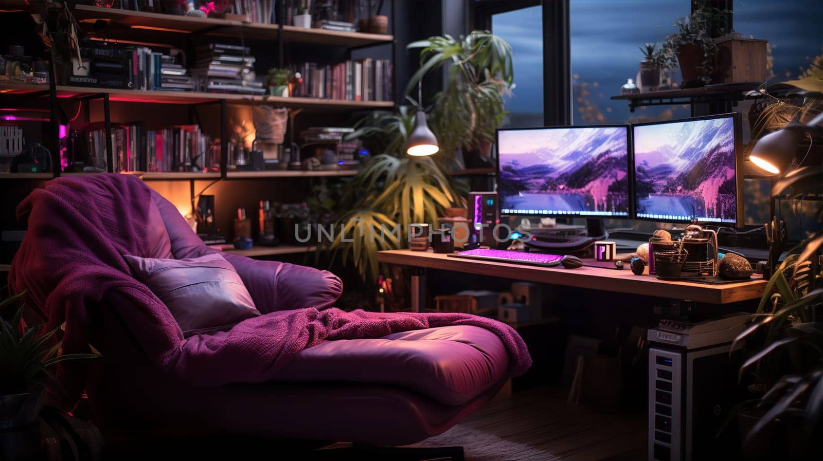 Armchair and working computers in room with red violet lighting. Interior design concept. AI generated