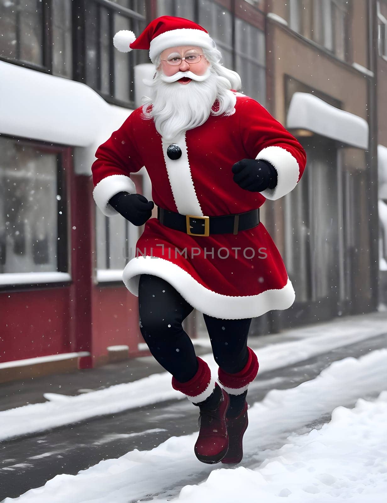 Happy Santa claus goes step by step in the street.