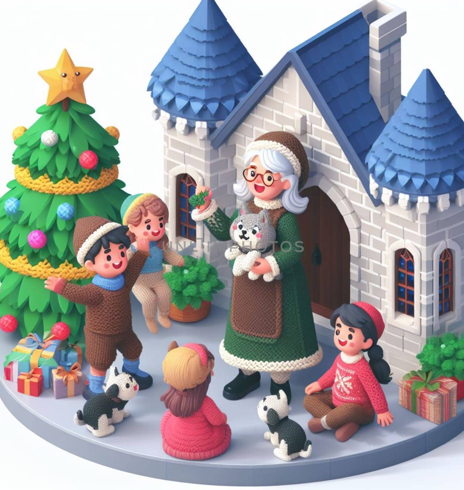 granny wear santa claus costume telling christmas fairy tales to children near a castle by verbano