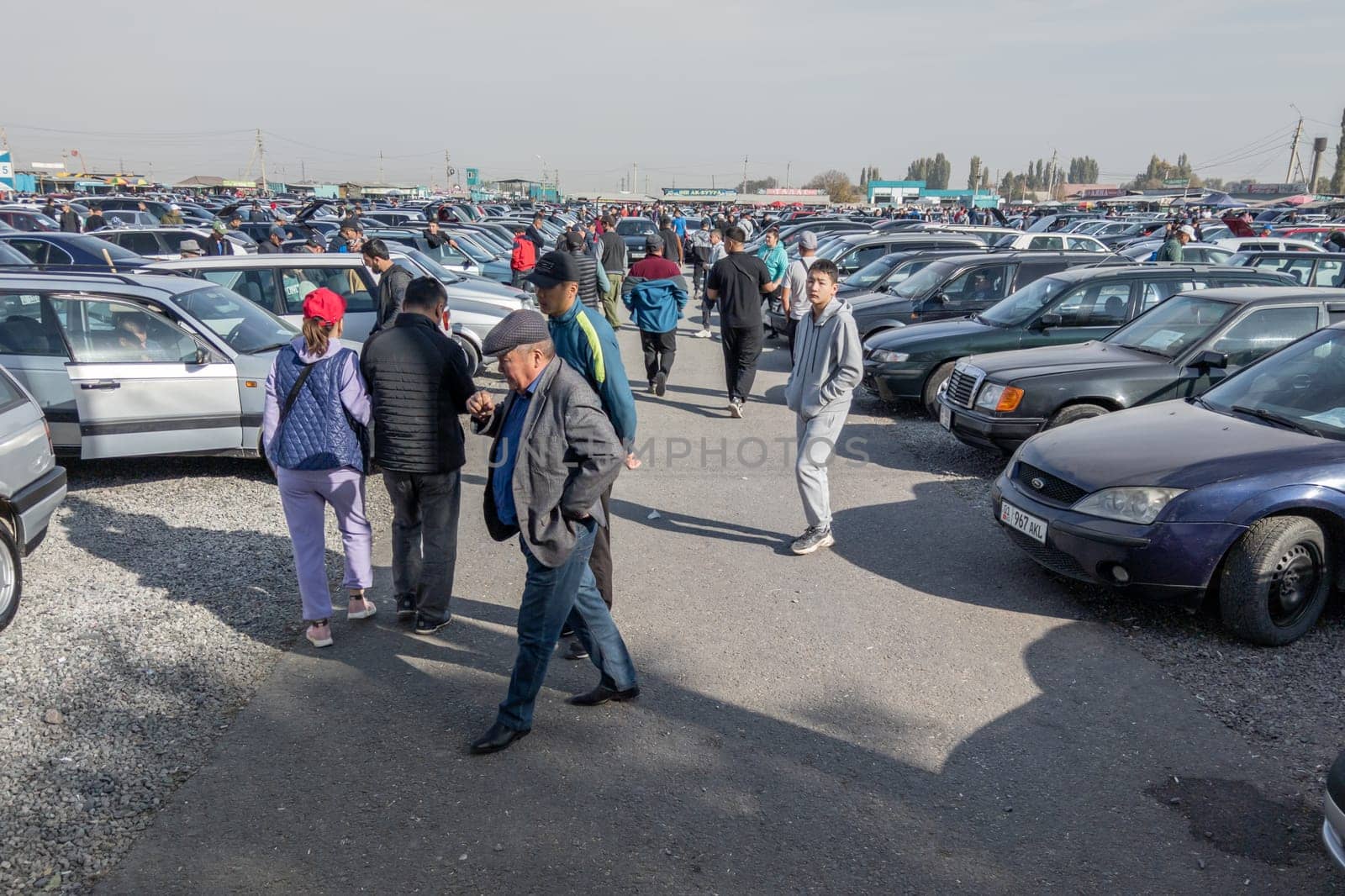 Large used car open air market RIOM Auto in Bishkek, Kyrgyzstan at October 16, 2022