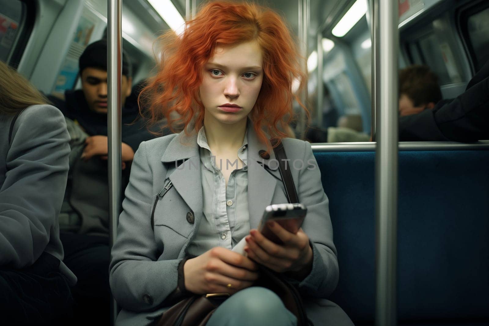 A tired woman rides public transportation and holds a smartphone in her hands.. Generation Ai