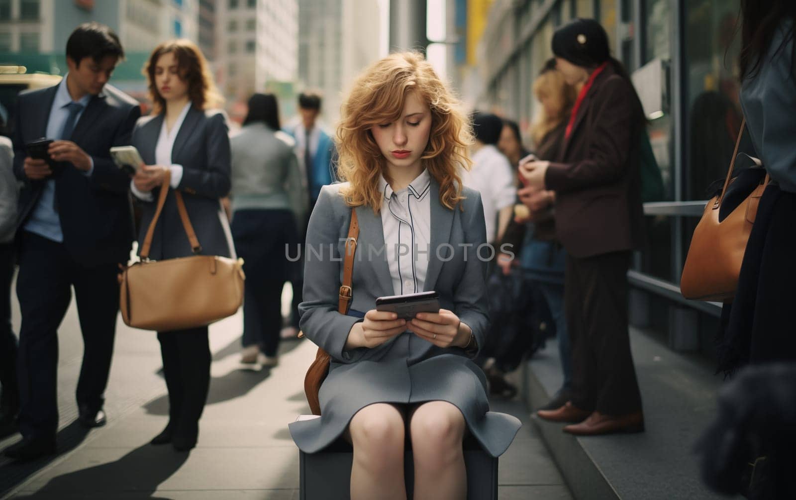 A tired woman rides public transportation and holds a smartphone in her hands.. Generation Ai