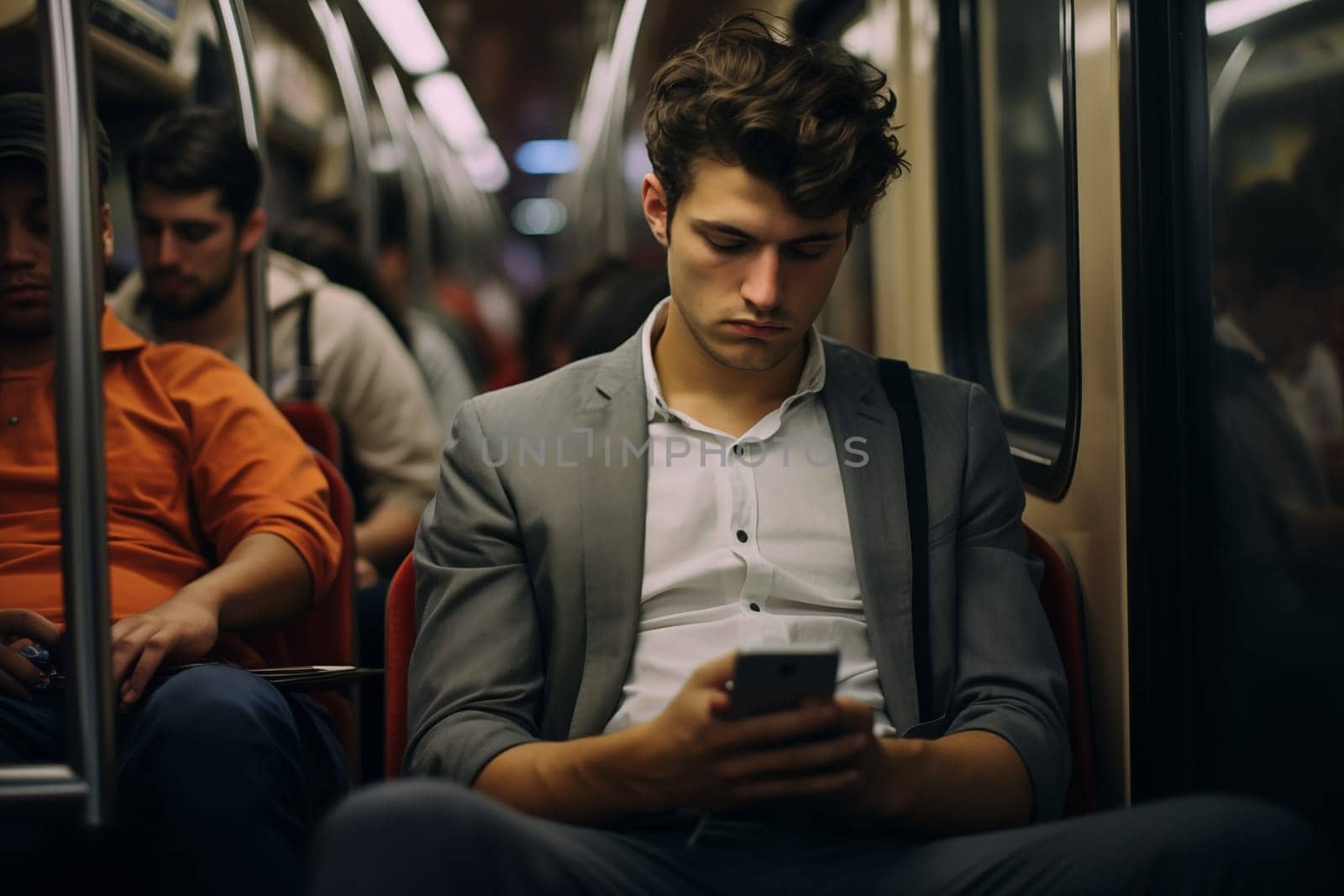 A tired man rides public transportation and holds a smartphone in his hands. Generation Ai