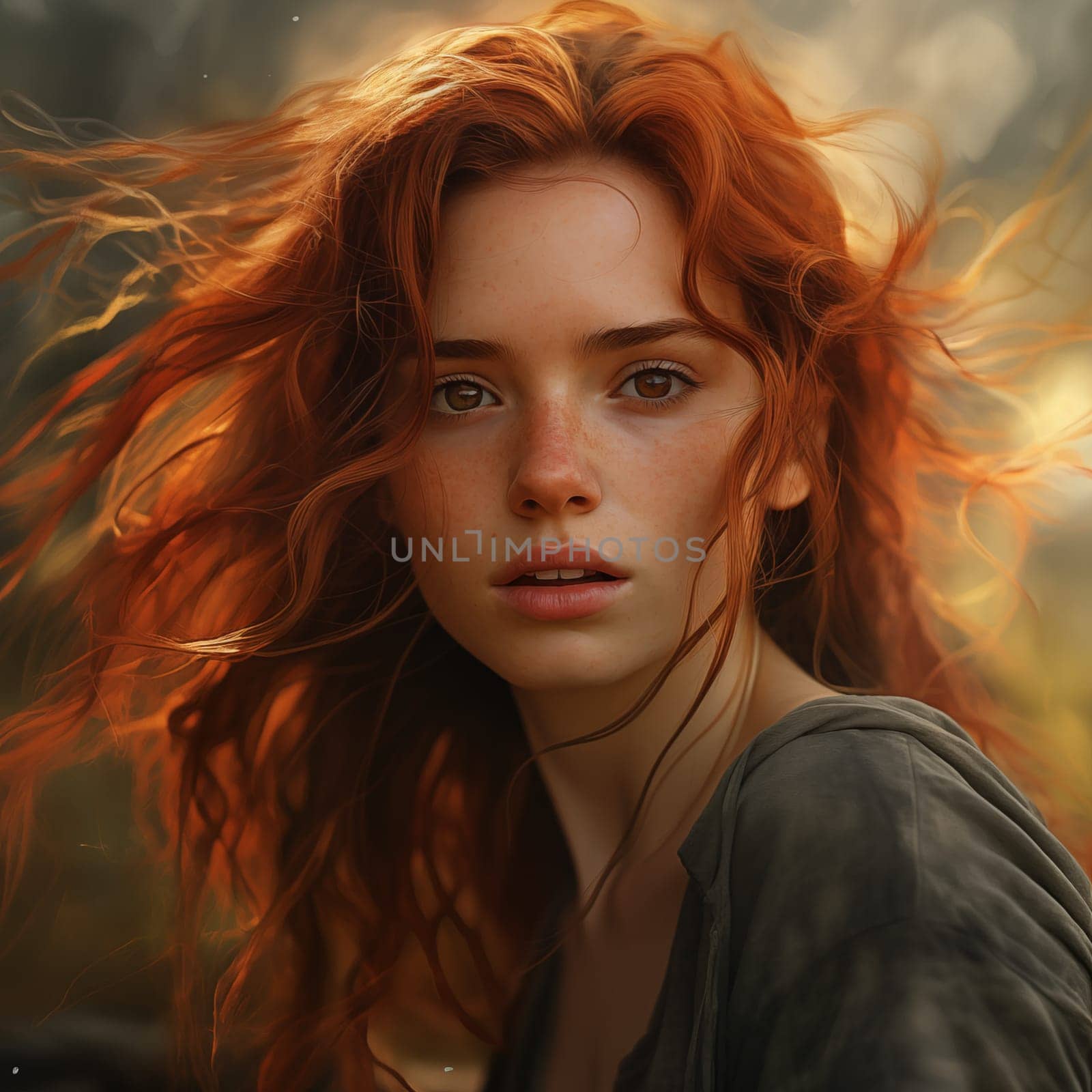 A large portrait of a beautiful red-haired woman with long hair. by AnatoliiFoto