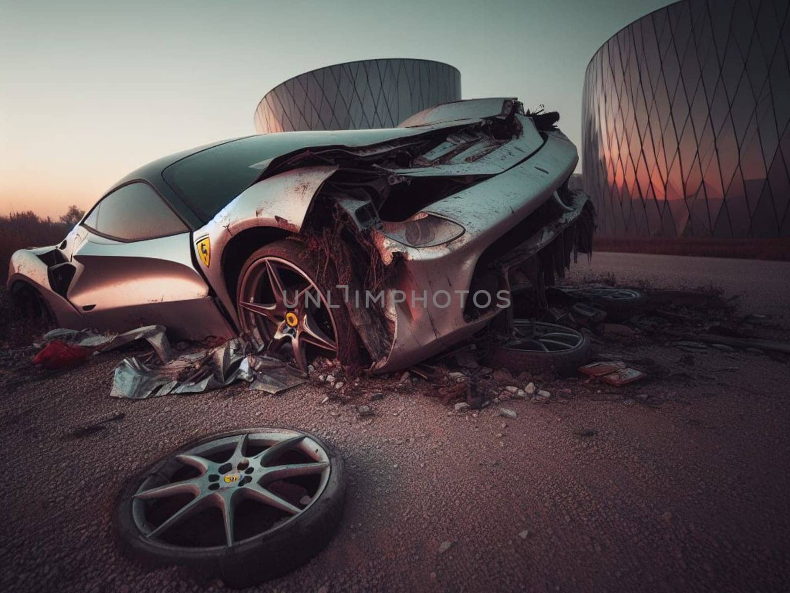 Crashed abandoned rusty expensive luxurious atmospheric 4 door powerful as circulation banned for co2 emission 2030 agenda dystopian concept ai generated