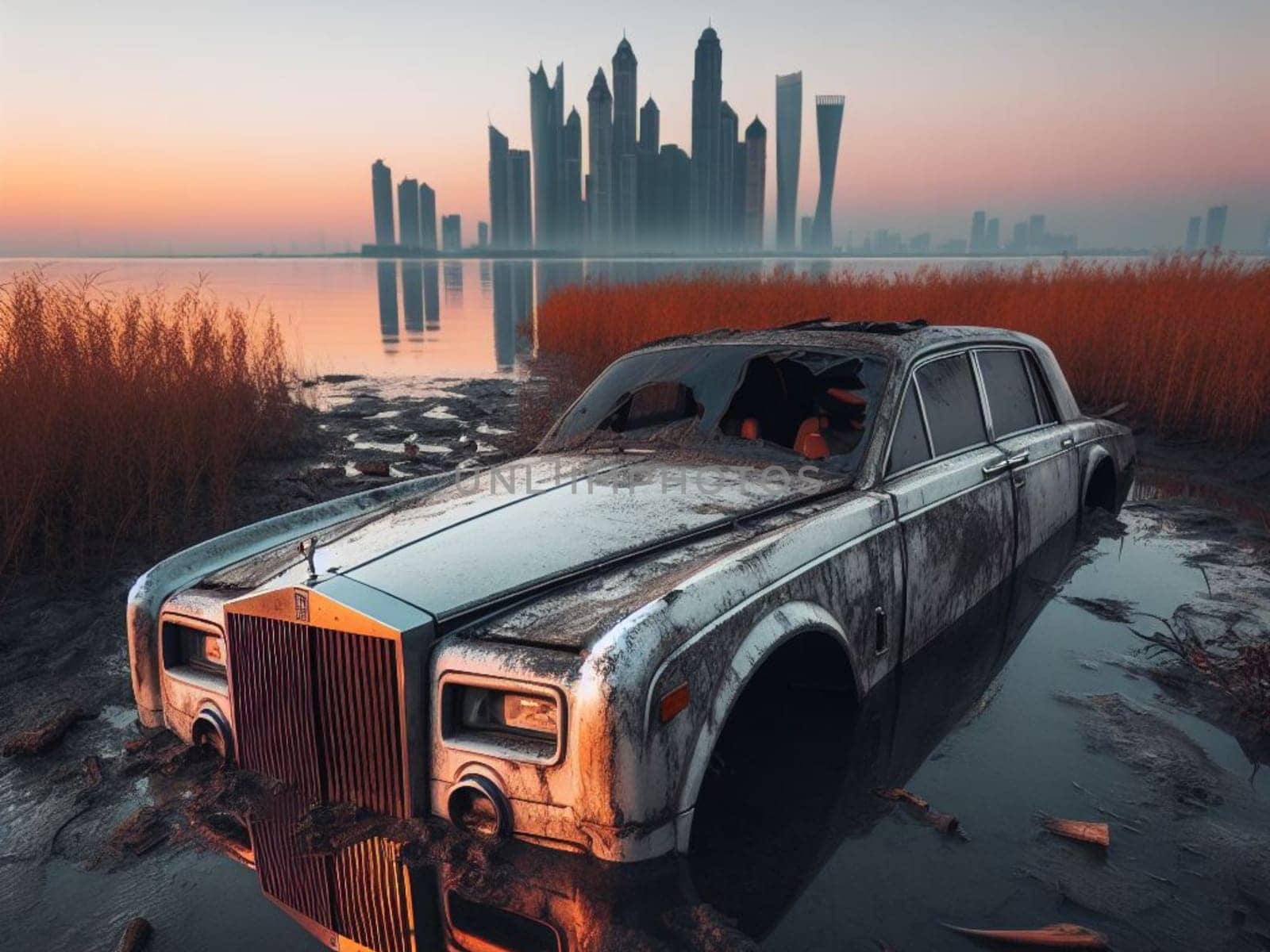 Crashed abandoned rusty expensive luxurious atmospheric 4 door powerful as circulation banned for co2 emission 2030 agenda dystopian concept ai generated