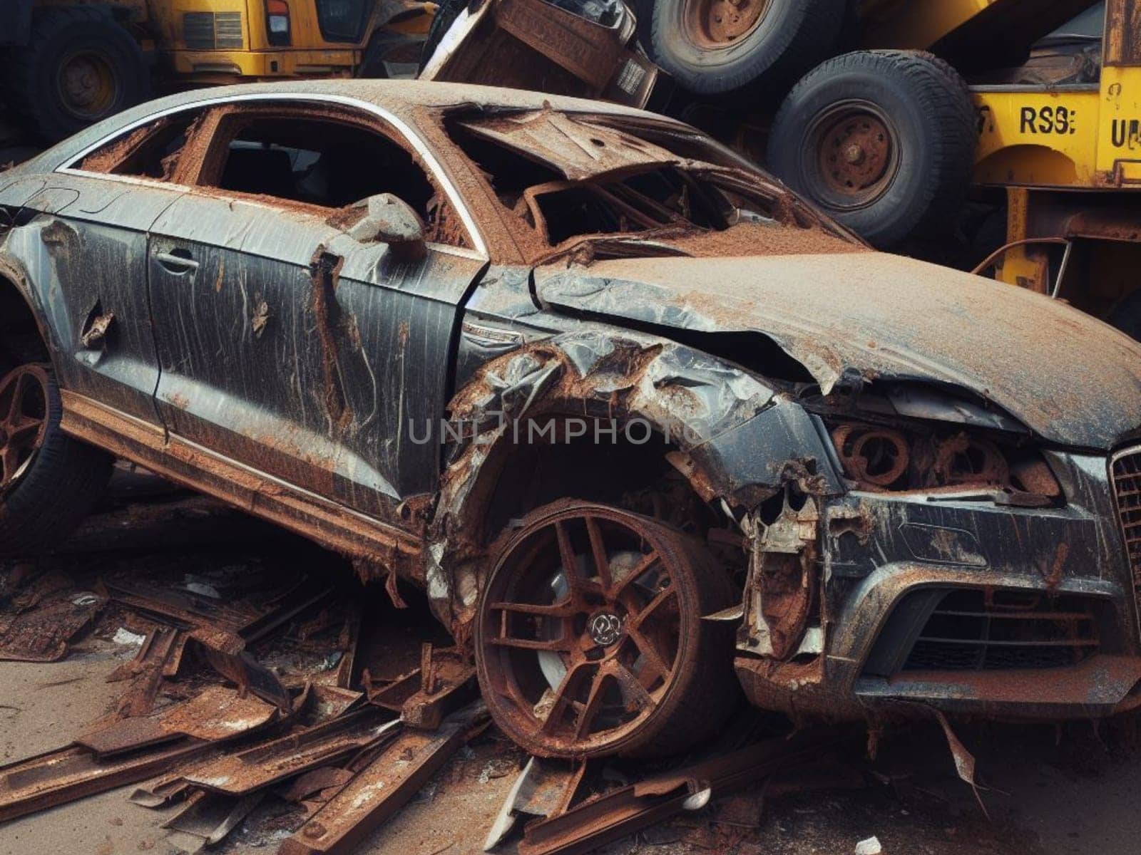 Crashed abandoned rusty expensive luxurious atmospheric 4 door powerful as circulation banned for co2 emission 2030 agenda dystopian concept ai generated